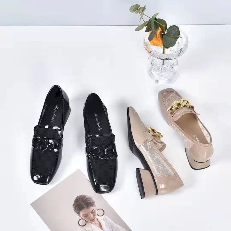 Soft Leather Thick Heel Loafers Women Spring Summer Square Toe Heels Breathable Fashion All-match Shallow Mouth Shoes