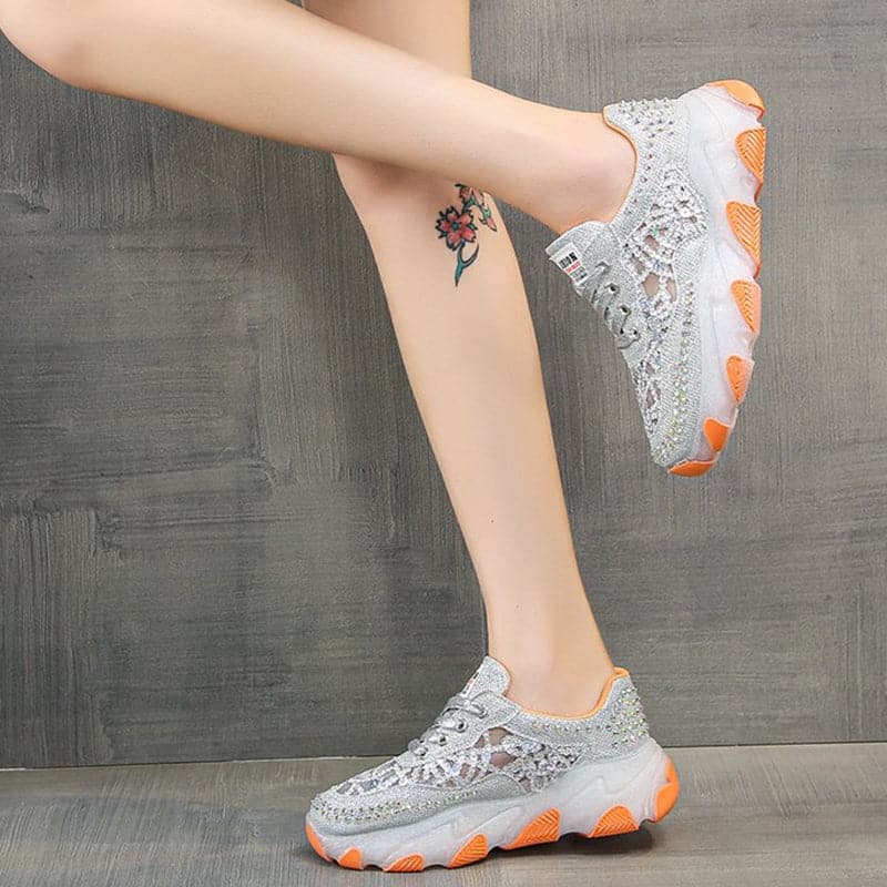 Hollow Out Shiny Crystal Sneakers Women 2023 Spring Breathable Mesh Casual Shoes Woman Thick Bottom Platform Sport Shoes