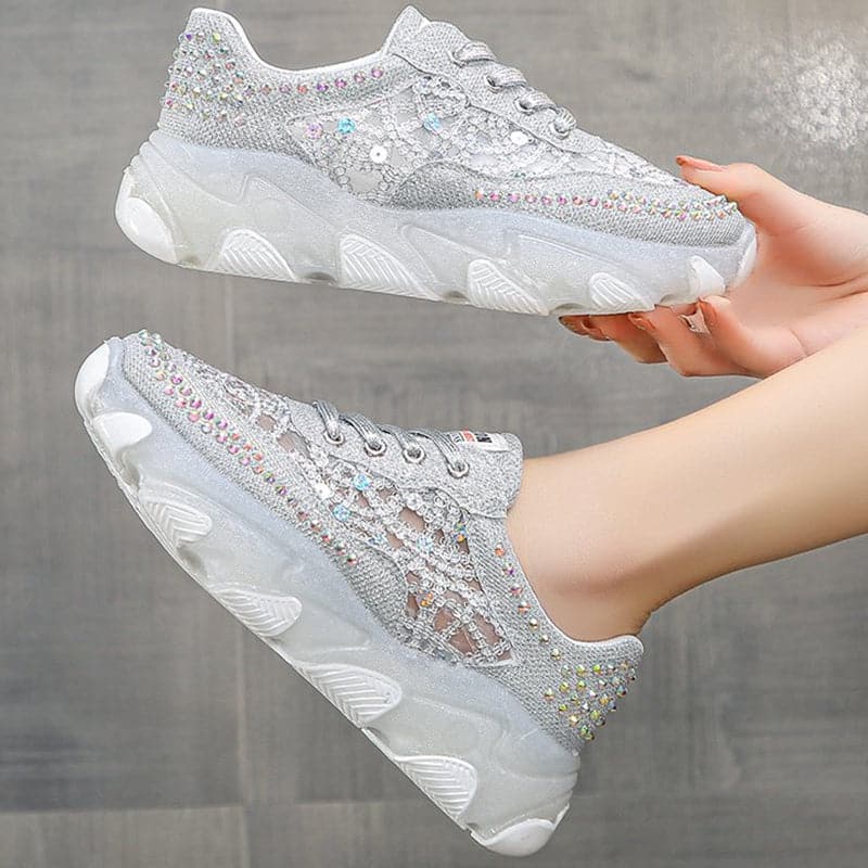 Hollow Out Shiny Crystal Sneakers Women 2023 Spring Breathable Mesh Casual Shoes Woman Thick Bottom Platform Sport Shoes