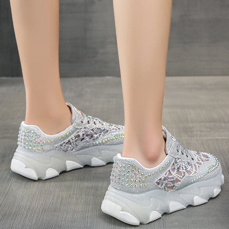 Hollow Out Shiny Crystal Sneakers Women 2023 Spring Breathable Mesh Casual Shoes Woman Thick Bottom Platform Sport Shoes