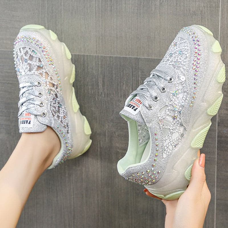 Hollow Out Shiny Crystal Sneakers Women 2023 Spring Breathable Mesh Casual Shoes Woman Thick Bottom Platform Sport Shoes