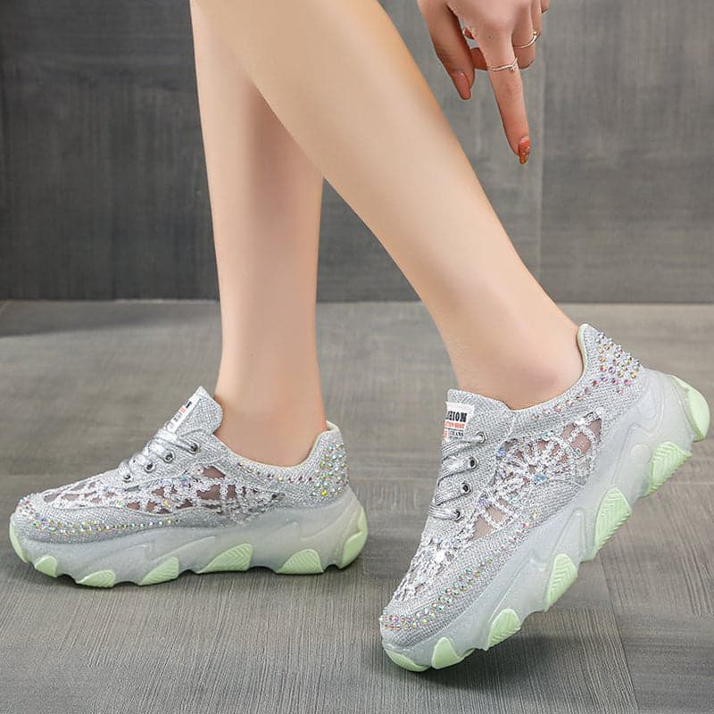 Hollow Out Shiny Crystal Sneakers Women 2023 Spring Breathable Mesh Casual Shoes Woman Thick Bottom Platform Sport Shoes