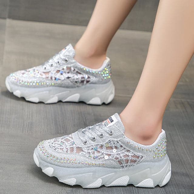 Hollow Out Shiny Crystal Sneakers Women 2023 Spring Breathable Mesh Casual Shoes Woman Thick Bottom Platform Sport Shoes