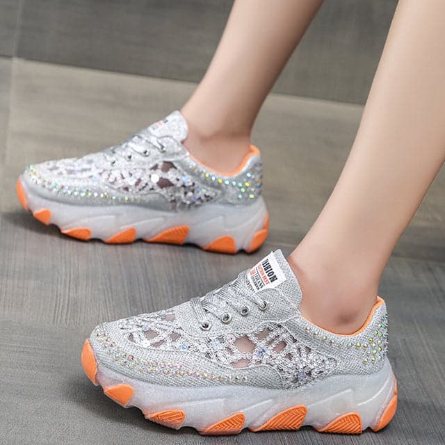 Hollow Out Shiny Crystal Sneakers Women 2023 Spring Breathable Mesh Casual Shoes Woman Thick Bottom Platform Sport Shoes