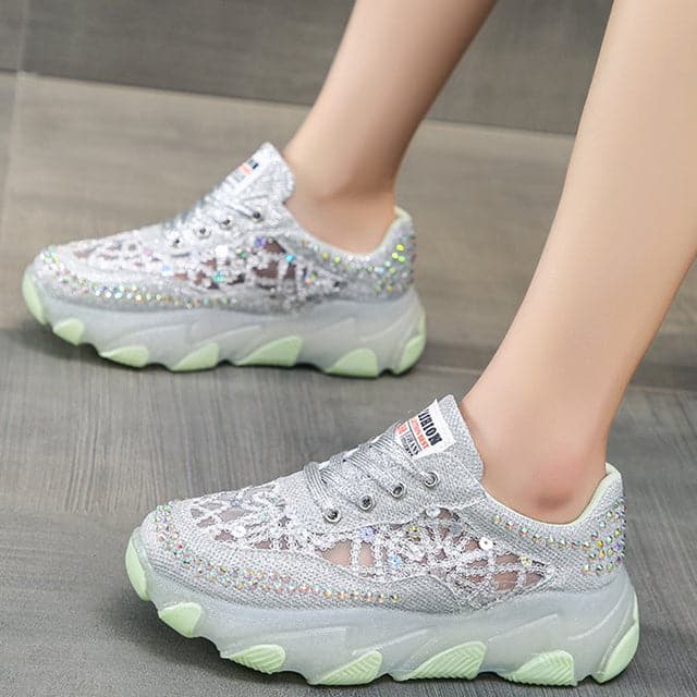 Hollow Out Shiny Crystal Sneakers Women 2023 Spring Breathable Mesh Casual Shoes Woman Thick Bottom Platform Sport Shoes