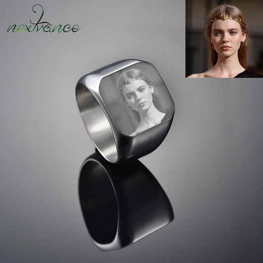 Customized Engrave Signet Ring Square Big Width Band Ring Name Photo Personalized Gift for Biker Jewelry Bague Homme